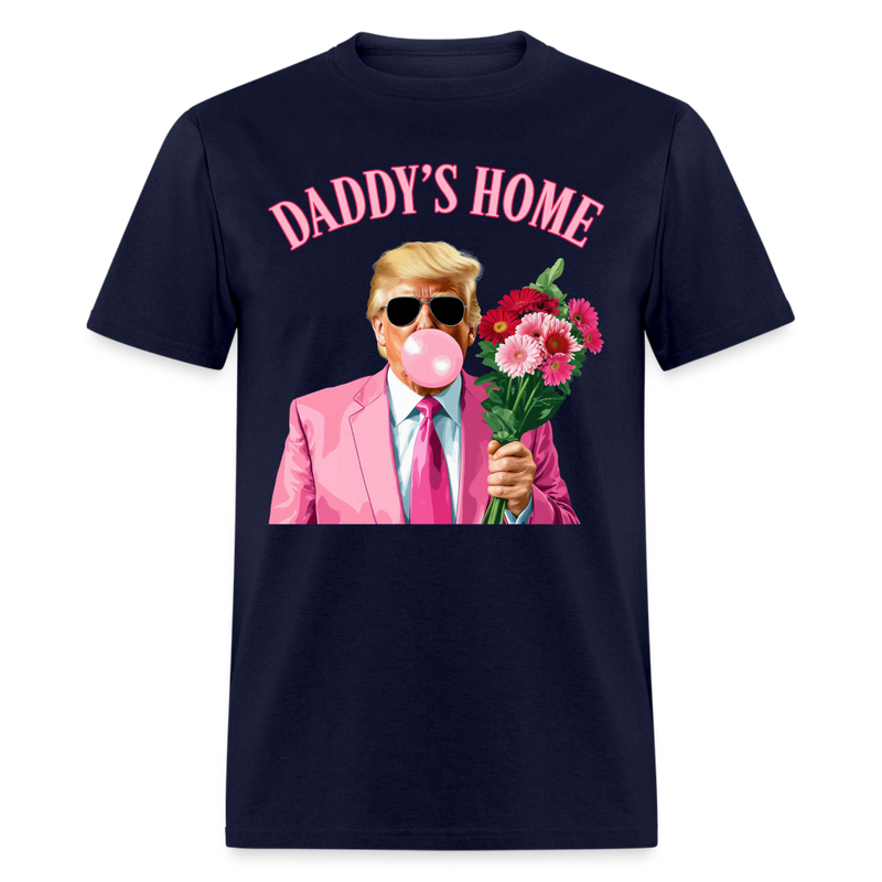 Trump Blowing Bubble Holding Flowers Pink Daddy's Home T Shirt - navy