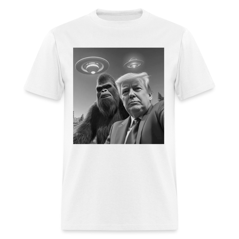 Trump Bigfoot Selfie With UFOs T Shirt - white