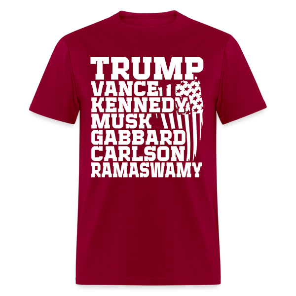 Trump Vance Kennedy Musk Gabbard Carlson Ramaswamy T Shirt - dark red