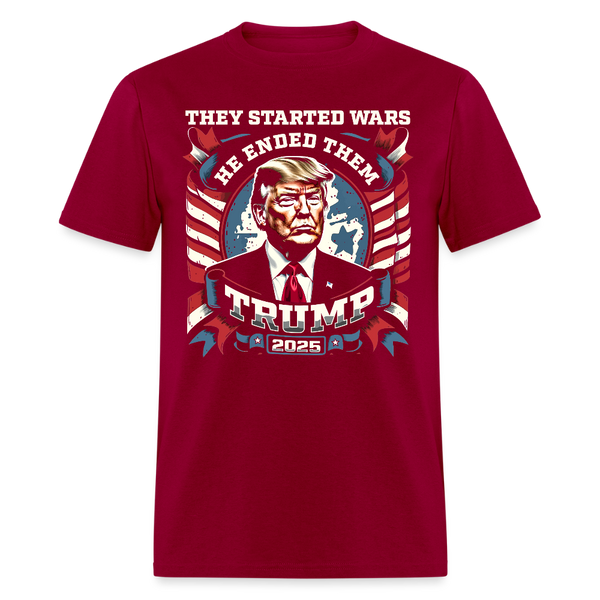 They Started Wars He Ended Them Trump 2025 T Shirt - dark red