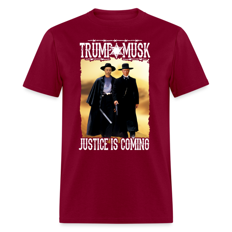 Trump Musk Justice Is Coming T Shirt - burgundy