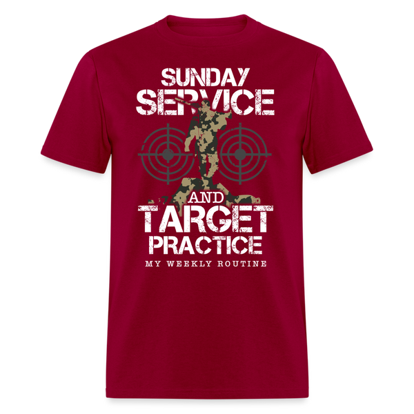 Sunday Service and Target Practice T Shirt - dark red