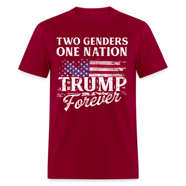 Two Genders, One Nation, Trump Forever US Flag T Shirt - dark red