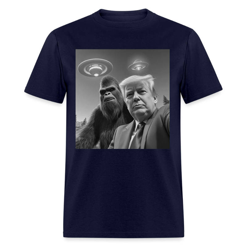 Trump Bigfoot Selfie With UFOs T Shirt - navy